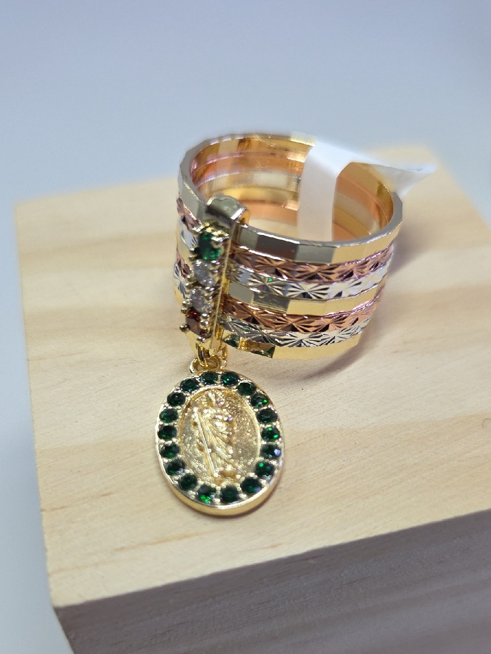 Gold-Tone Multi-Band Ring with Emerald-Circle Pendant, San Judas Tadeo, Size 10
